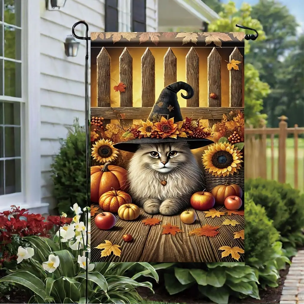 Fall Cat Garden Flag 12x18 Inch Double Sided Autumn Pumpkin Sunflower Yard Banner Seasonal Harvest Witch Hat Outdoor Porch L SSL