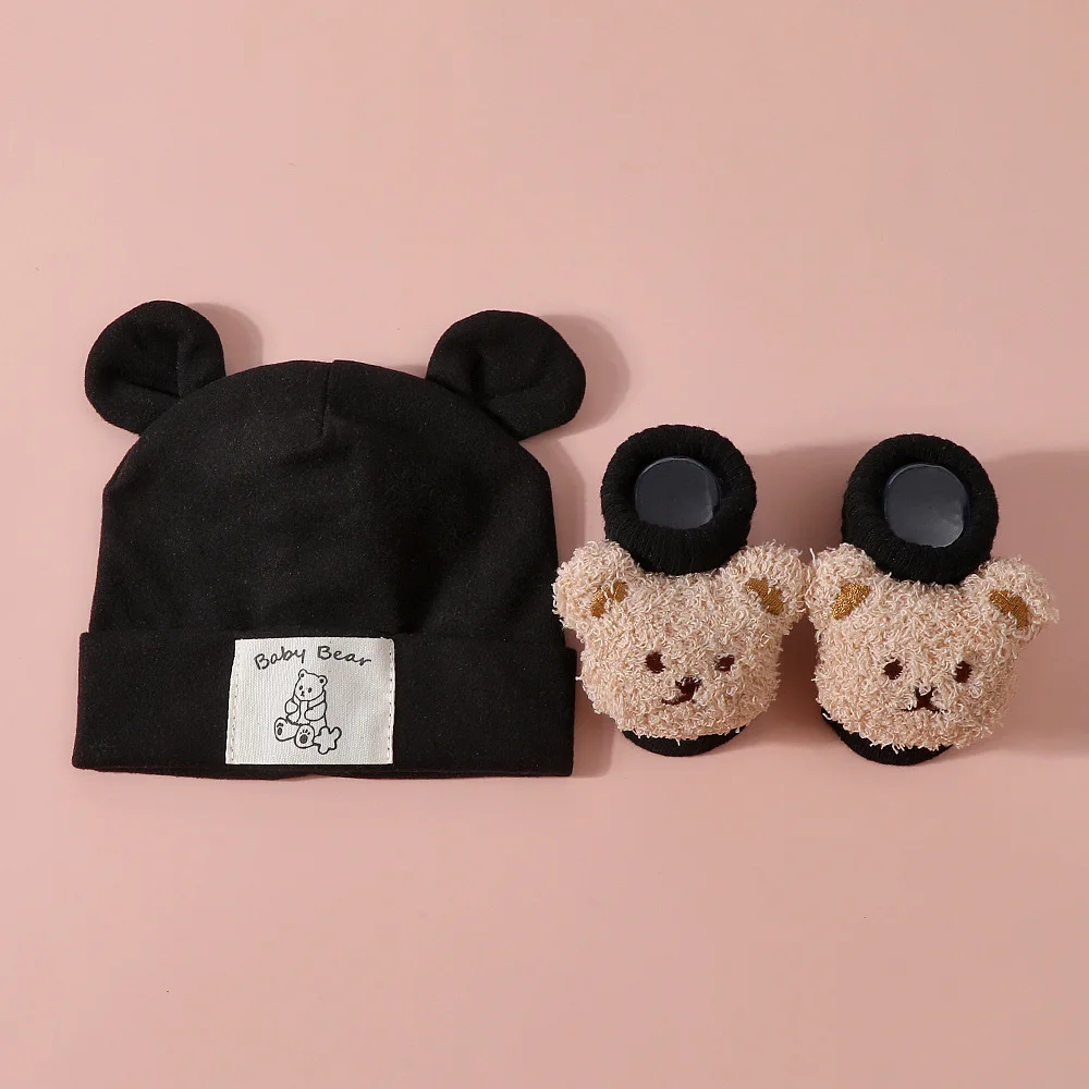2-teiliges Set mit Bärenohren-Babymütze und Stricksocken aus Baumwolle, Neugeborenen-Kopftuch, Beanie für Herbst und Winter, Warme Kinder-Pullover-Mütze, Baby-Accessoires – Detail 4