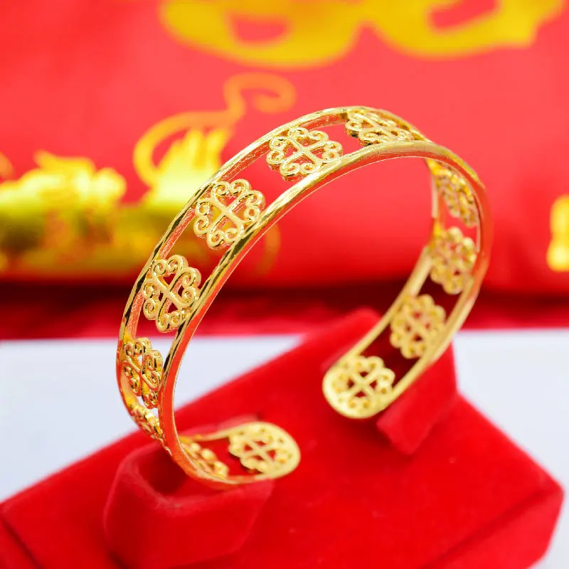 

New Gold Store Same Style Women's Bracelet 9999 24K Real Gold Open Bracelet with Hollow Clover Pattern Beautiful Jewelry