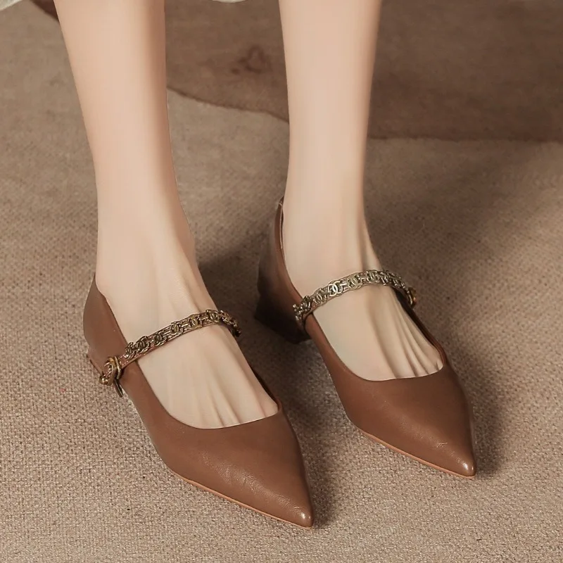 Brand Women Leather Mary Jane Shoes Pointed Toe Low Heels Metal Chain Buckle Strap Retro Style Casual Dress Pumps for Female