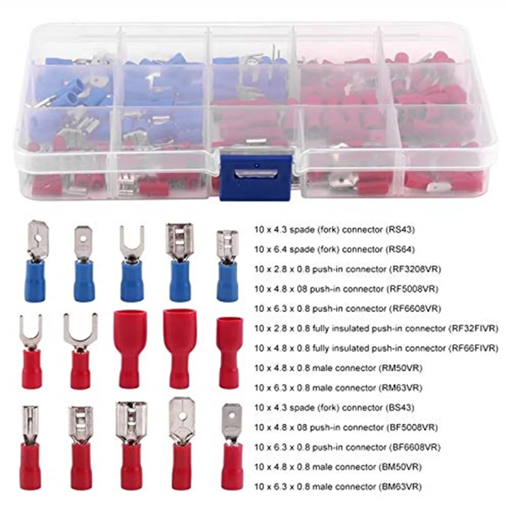 140-teiliges Set Elektrische Kabelverbinder, Isolierte Draht-Crimpklemmen U-Typ Gabel-, Flach- und Ringverbinder, Stecker/Buchse Crimpklemmen – Detail 6