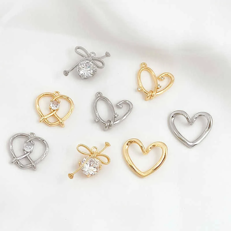 2 Pieces 14K Copper Clad Gold Inlaid Zirconium Hollow Cute Bow Knot Peach Heart Handmade DIY Jewelry Earring Pendant Material