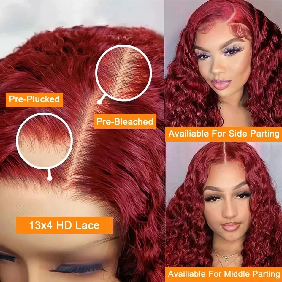 Gelombang Dalam Merah Marun 99J Warna Rambut 30 36 Inci Merah 13X6 Hd Wig Rambut Manusia Renda Depan untuk Wanita dengan Kepadatan 200 Anggur Merah Brasil