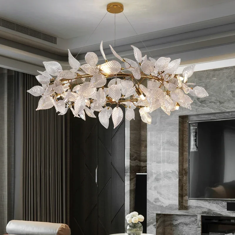 MandosBor Store Gold Long Crystal Chandelier For Dining Living Room Kitchen Glass Ginkgo Leaf Crystal Led Chandelier Dining Tabl