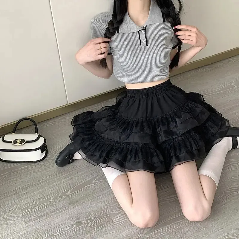新作韓国風Y2Kカジュアルサマートレンド、ホワイトレースケーキミニスカート、バレエスタイルハイウエストメッシュキャノピーショートドレス