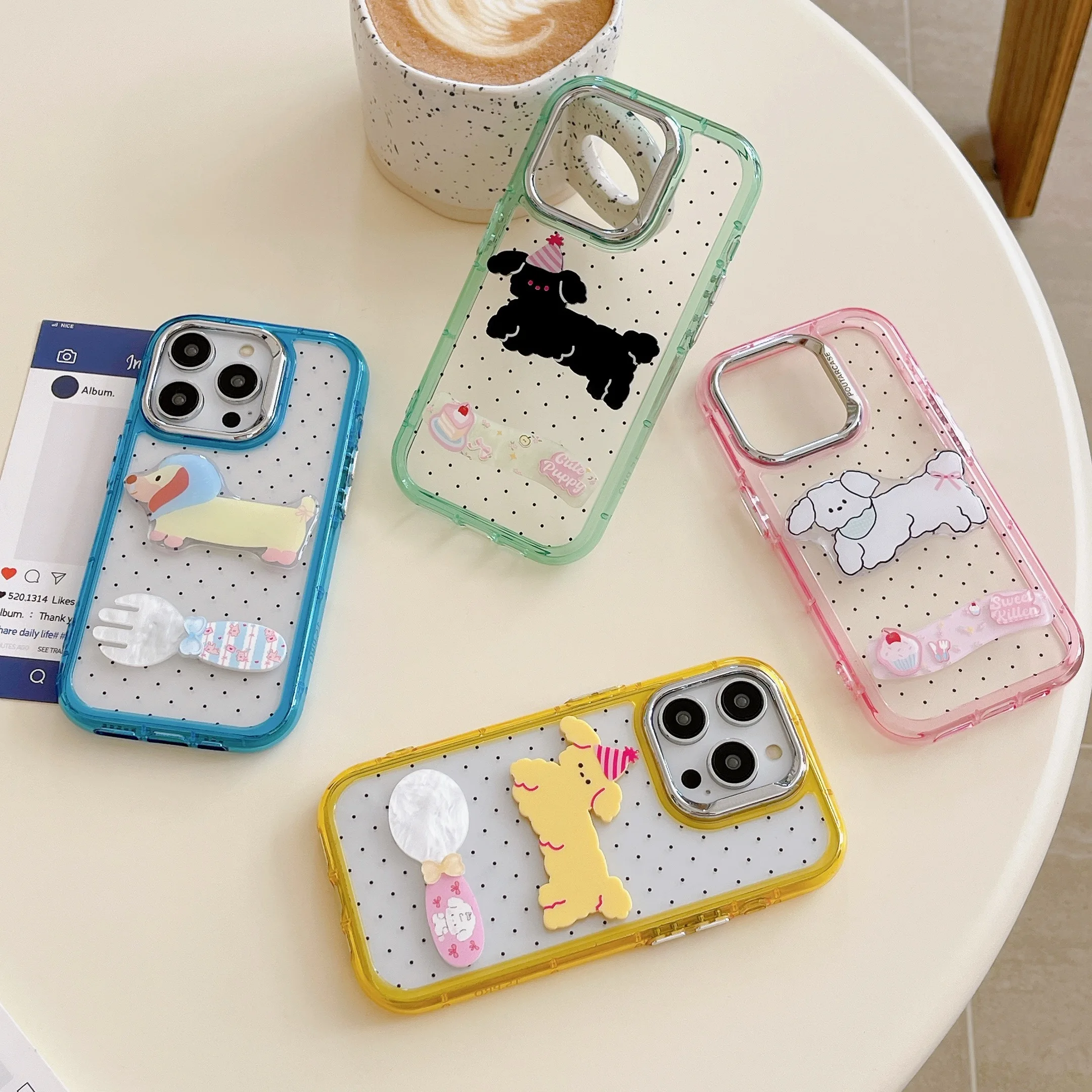 3D puppy fork ins spots phone case for iphone 14 15promax 14promax 13promax 13 15 pro max 13pro transparent summer cute cover