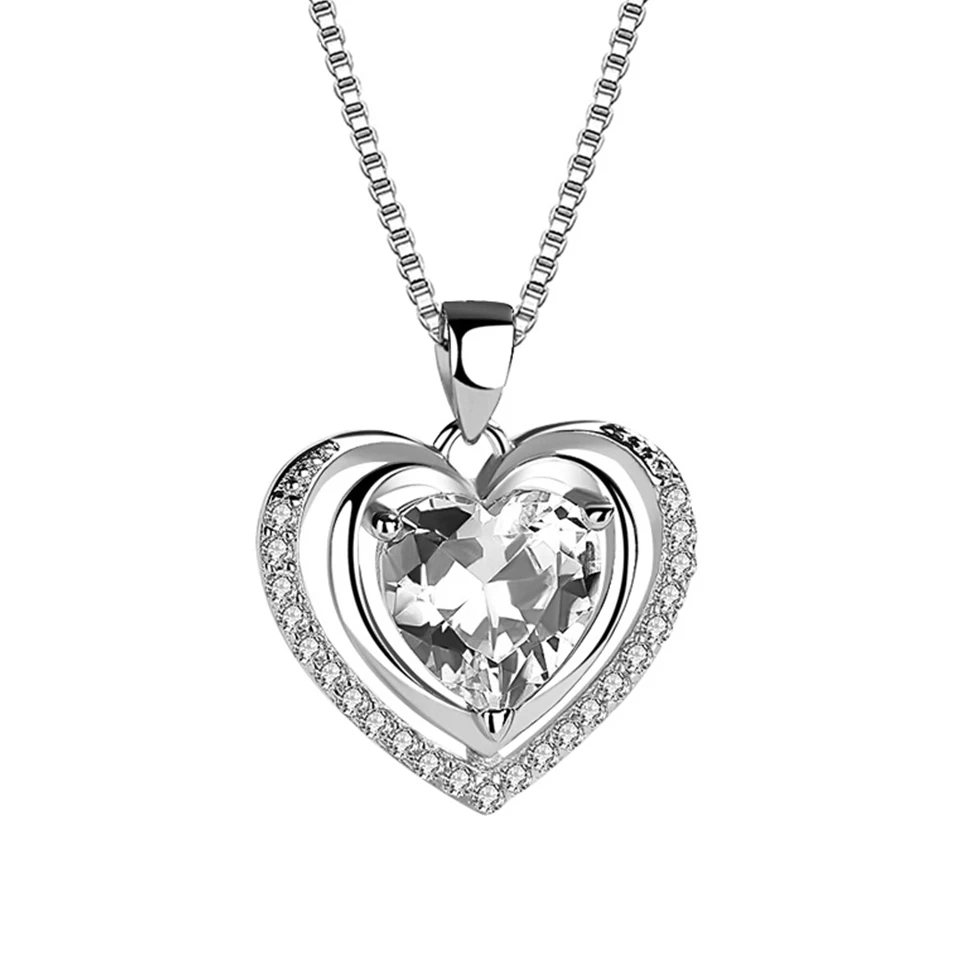 Zircon Heart Necklaces For Women Lover Silver Color Necklace Pendant Jewelry Fashion Female Neck Chain Girlfriend Birthday Gift