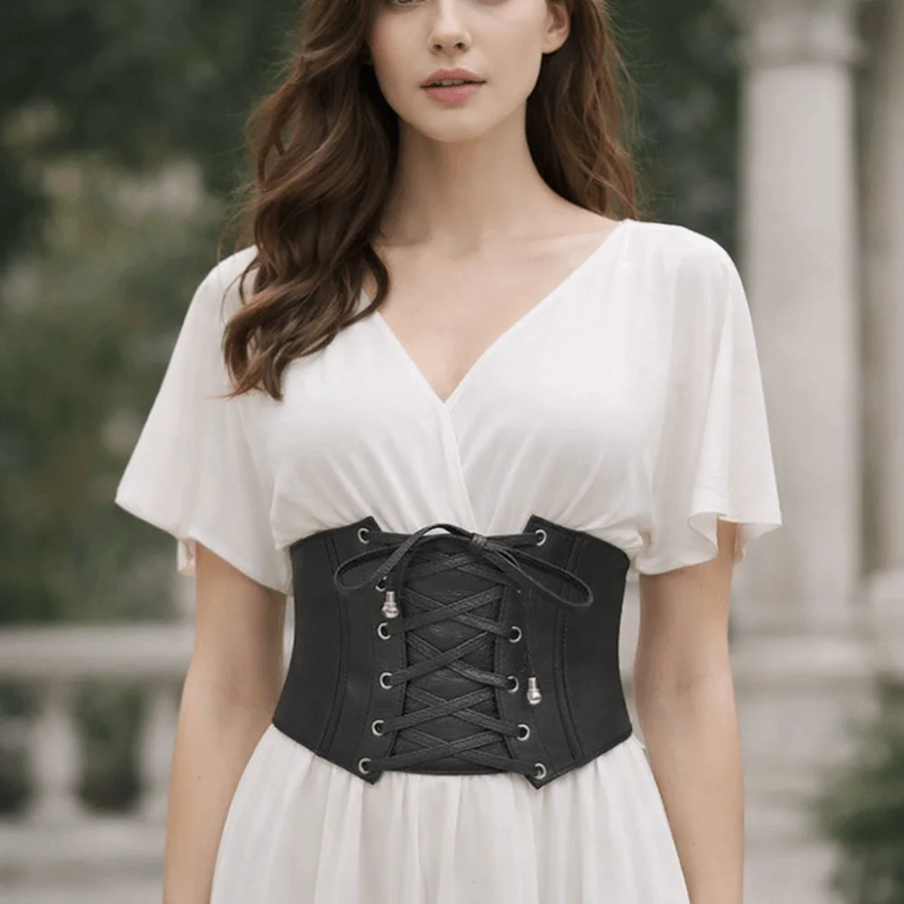Gothic Spicy Girl PU Leather Corset Solid Color Elastic Wide Belt Slimming Waistband Western Cowboy Belt Ladies