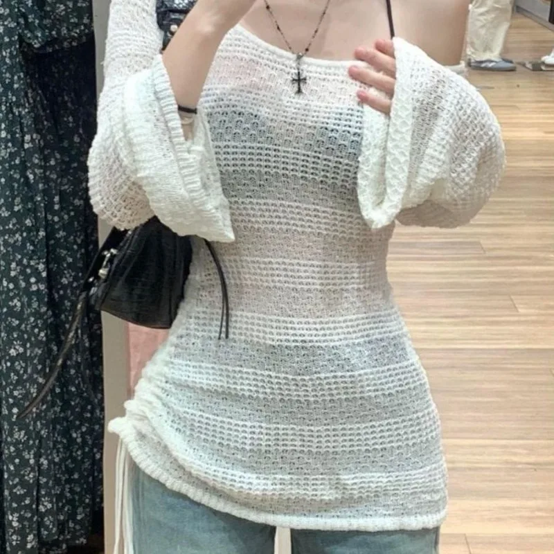 Sexy Mesh Long-Sleeve Sweater Women\'s Summer New French Hollow Blossom Thin Type Sunscreen Top South Korea Pullover