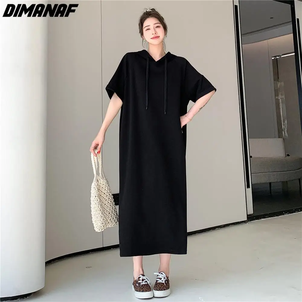 Dimanaf-vestido largo con capucha para mujer, prenda informal de manga corta con cuello redondo, talla grande, novedad de verano, 2024