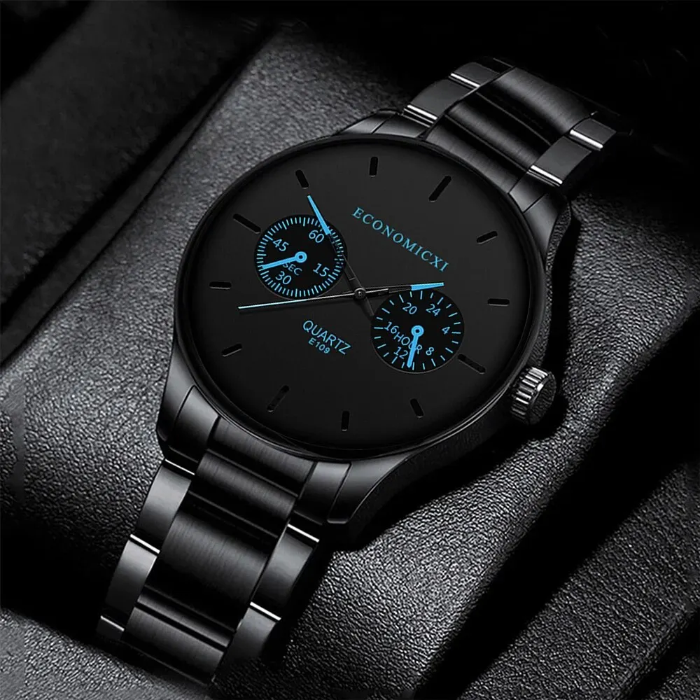 1Pc Men's Fashion Trend Casual Three Eyes Digital Blue Needle Steel Band Quartz Watch To Husband Friends Christmas Birthday Gift