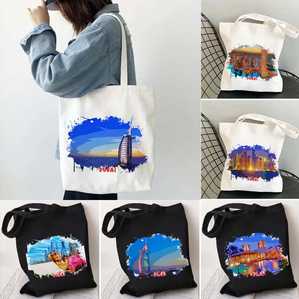 Dubai United Arab Emirates Watercolor Ink Oil Painting Shoulder Canvas Cotton Tote Bag Reusable Fashion Harajuku Shopper Handbag