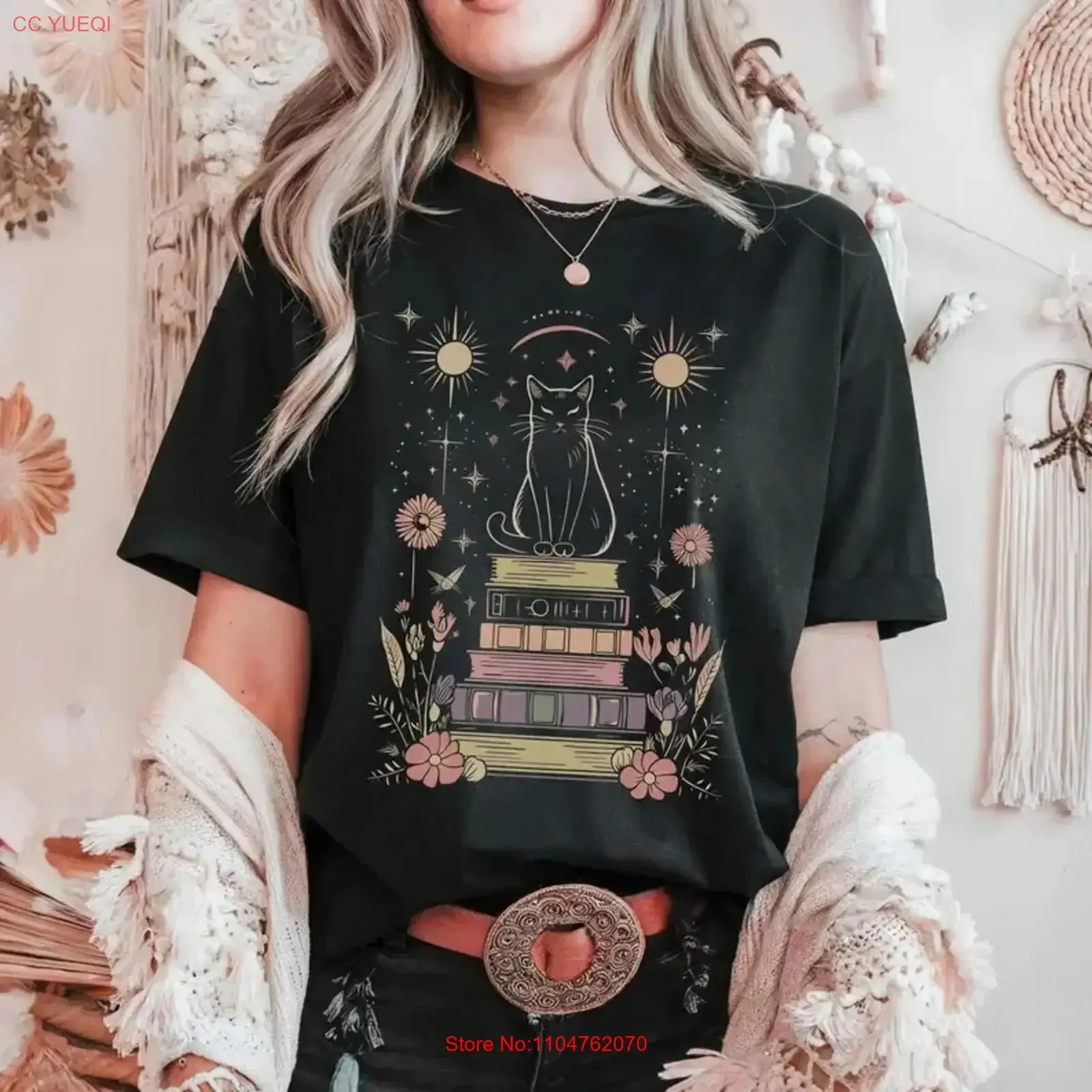Mystical CaT T Shirt Witchy Moon and Stars Celestial Floral Book Lover long or short sleeves vintage Washed Slightly