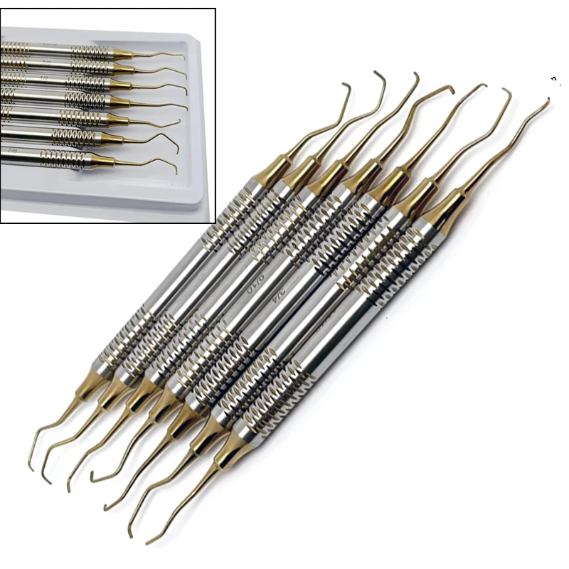 

7 шт., стоматологические пародонтальные изящные костные кюреты, инструмент для чистки зубного камня, стоматологическое хирургическое оборудование для скейлера