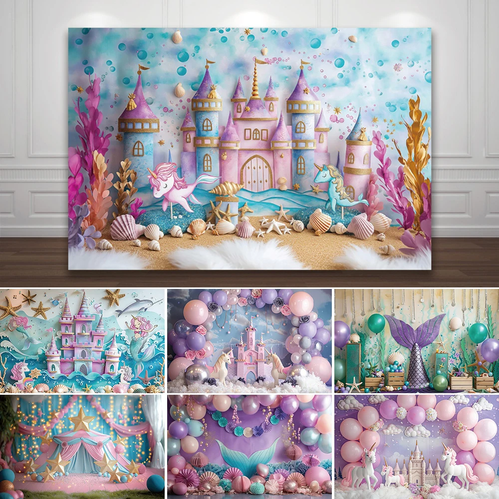 

Girl Birthday Mermaid Castle Theme Photography Background Balloon Princess Birthday Party Decoration Backdrop Photo Studio Props