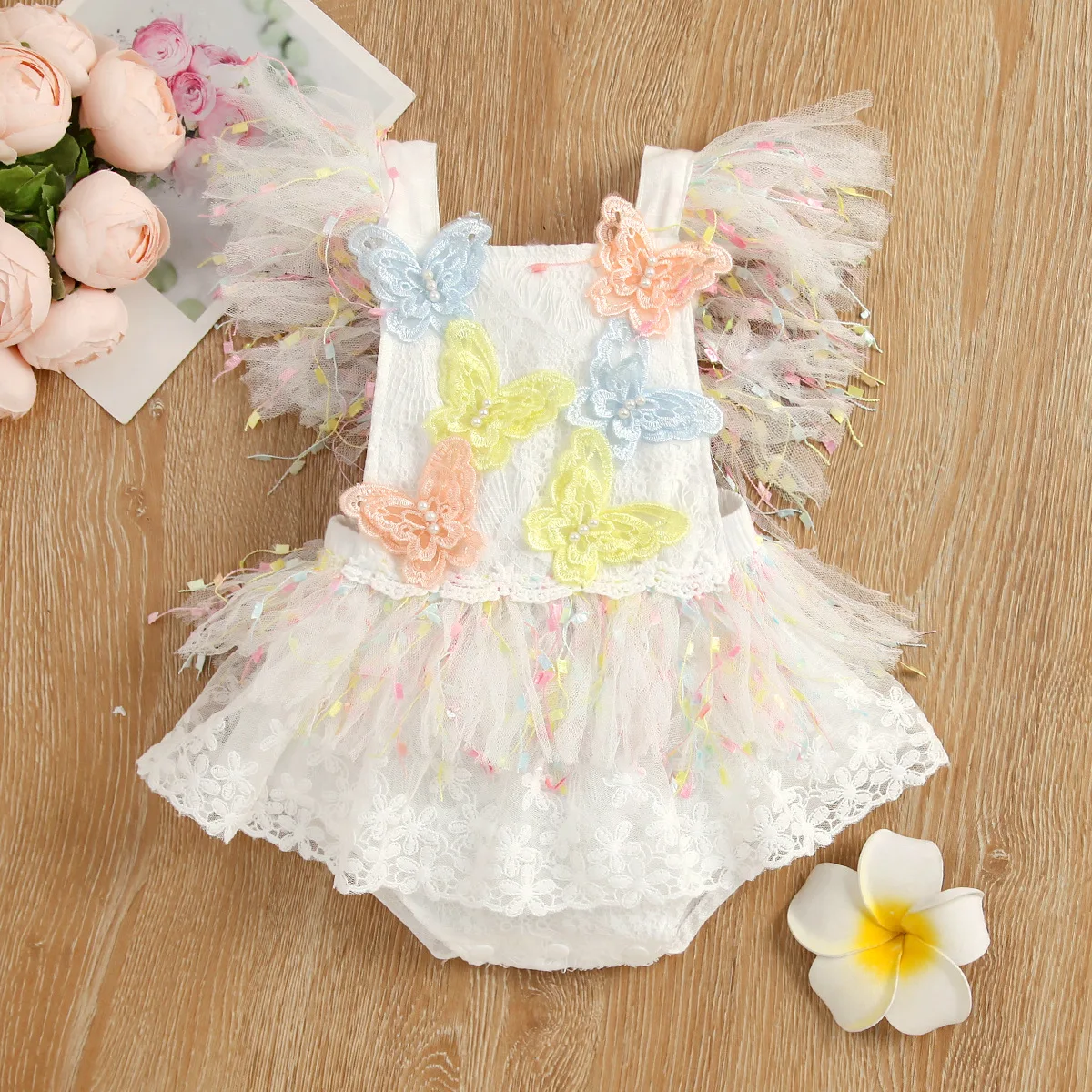 2024 Summer Baby Girls Bodysuits Infant Toddler Tassels Mesh Butterflies One-Pieces 0-3Years Newborn Triangle Romper