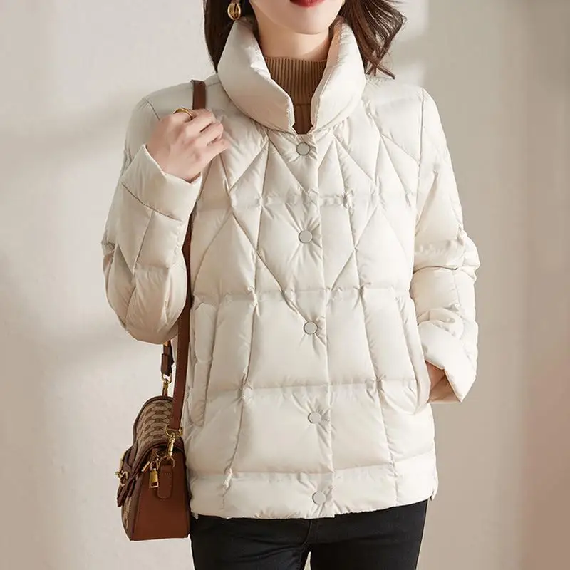 2023 New Women 90% White Duck Down Fashion DIAMOND CHECK Jackets Female Ultralight Thin Slim Korean Office Lady Down Coat