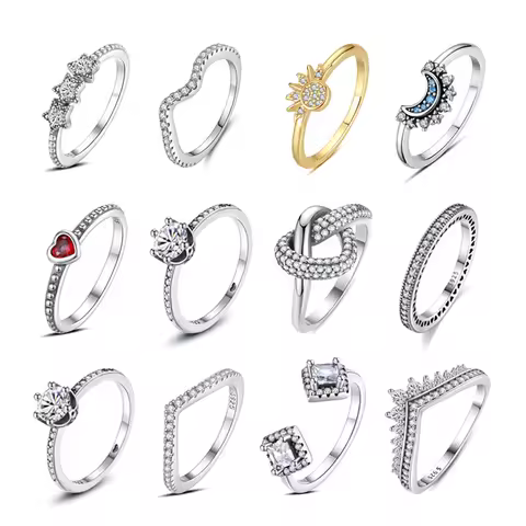 Original 925 Sterling Silver Ring Love Heart Wishbone Moon Sun Rings Crystal Rose Gold For Women Wedding Gift Luxury Jewelry