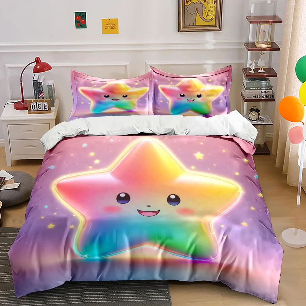 Rainbow smiling star dreamy background Duvet Cover Set Digital Print Colorful Polyester Bedding with Zipper Closur for kids gift
