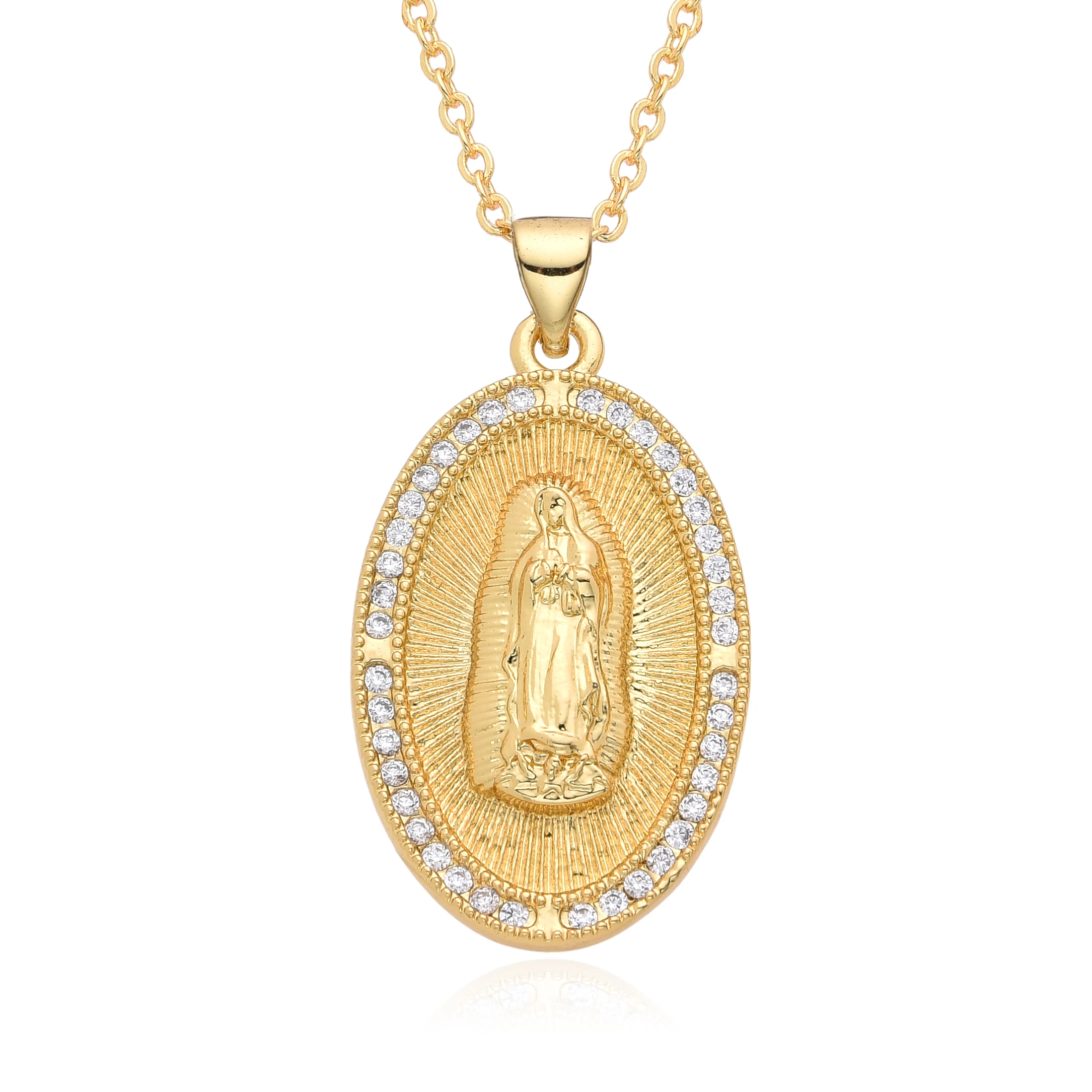 Gold Color Oval Our Lady St. Jude Charms Cubic Zirconia Guadalupe Virgin Mary Del Valle Necklace for Women Pendant DIY Jewelry