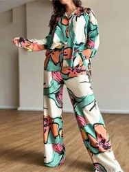 2023 lange Hose Sets Print Shirt zweiteiliges Set für Frauen lose breite Beine Hosen Anzüge Mode lässig Langarm zweiteiligen Anzug