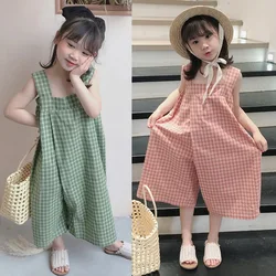 3-8T Girls Summer Jumpsuit Sweet Jumpsuits Plaid Sling Square Collar Overall Fashion Wide Leg Pants Baby Kids Clothes Streetwear