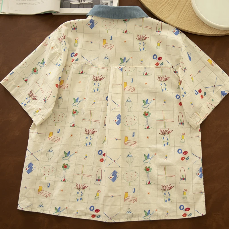 原宿系カートゥーン柄プリント100%コットンシャツ レディース モリーガール 夏 ターン ダウンカラー 半袖 カジュアルブラウス トップス