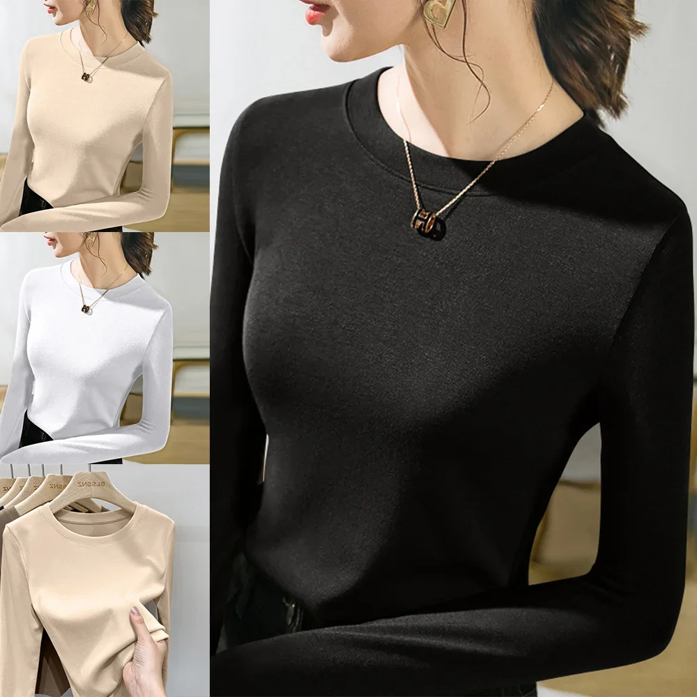 

Women Thermal Underwear Slim Fit Stretchable Bottom Shirt Long Sleeve Winter Round Neck Casual Style Basic Pullover Warm Tops