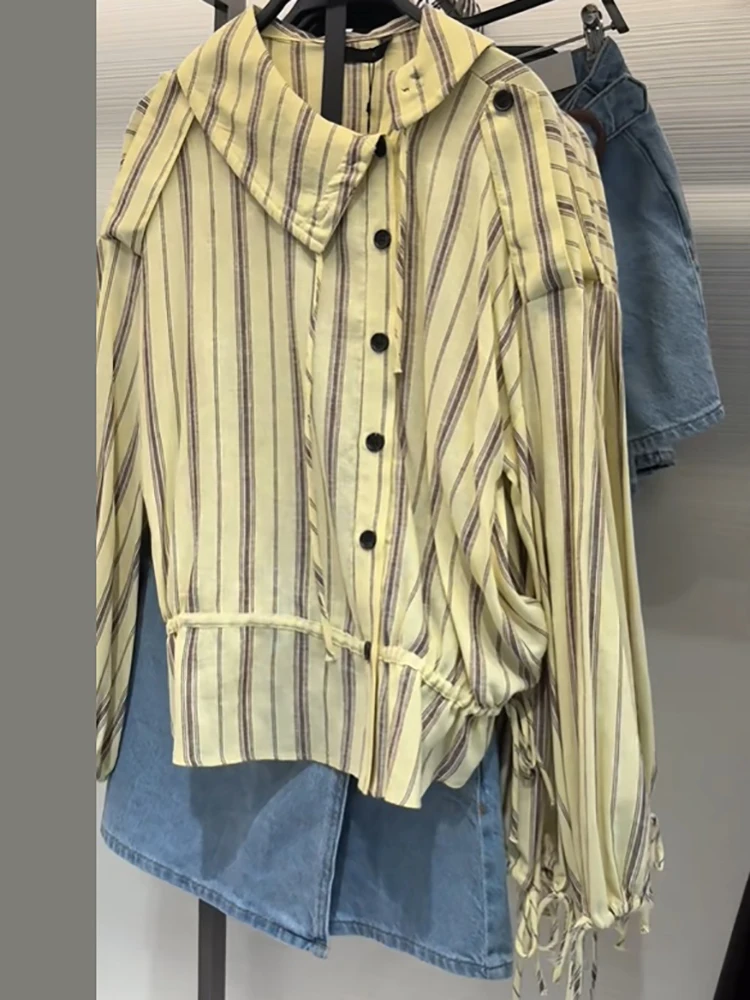 Linen Blend Striped 2‑piece Set Women Asymmetric Placket Button Top Drawstring Detail Loose Wide Leg Pants Vacation Suit