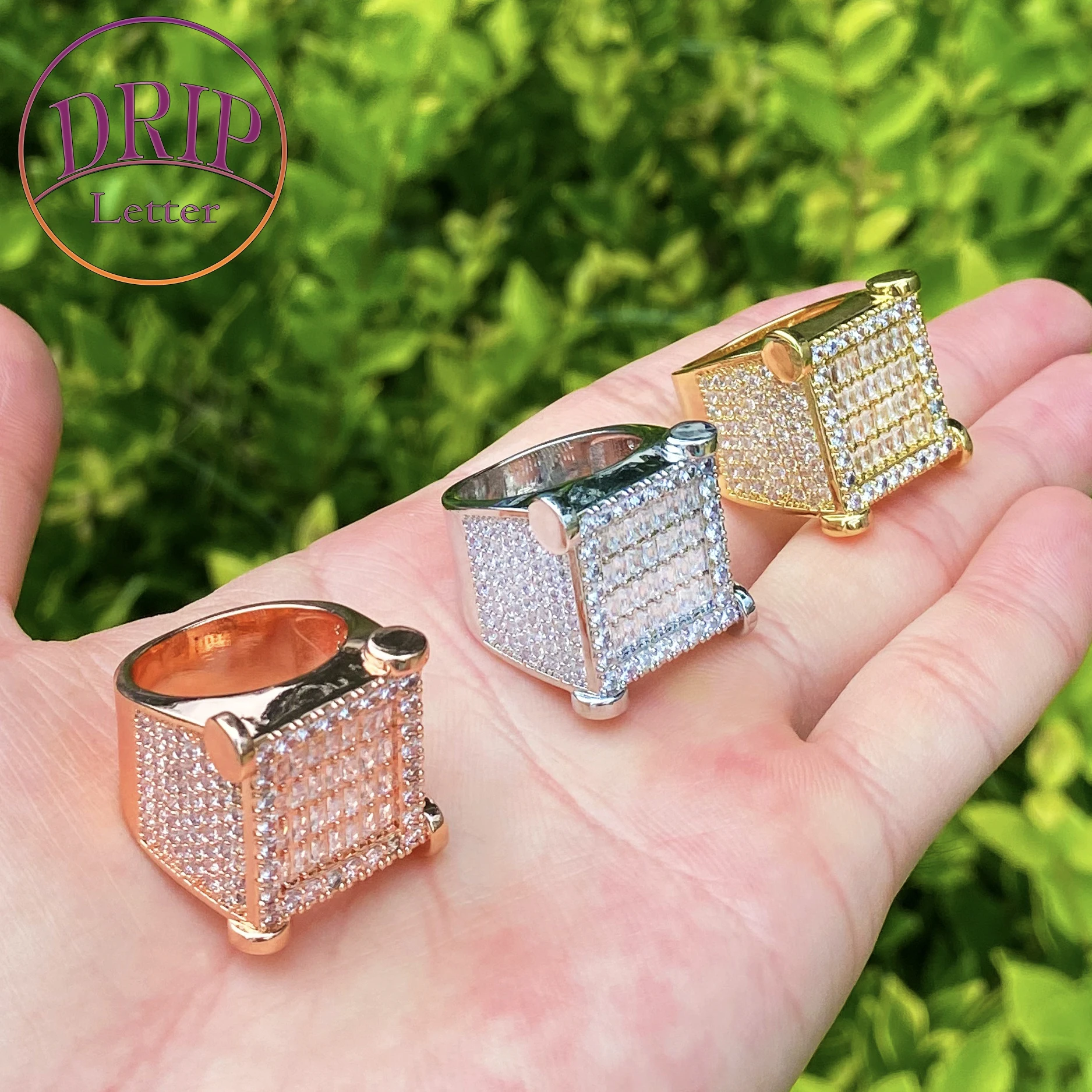 

Drip Letter Iced Out Nail Square Baguette Ring for Men Real Gold Plated Cubic Zirconia Hip Hop Jewelry