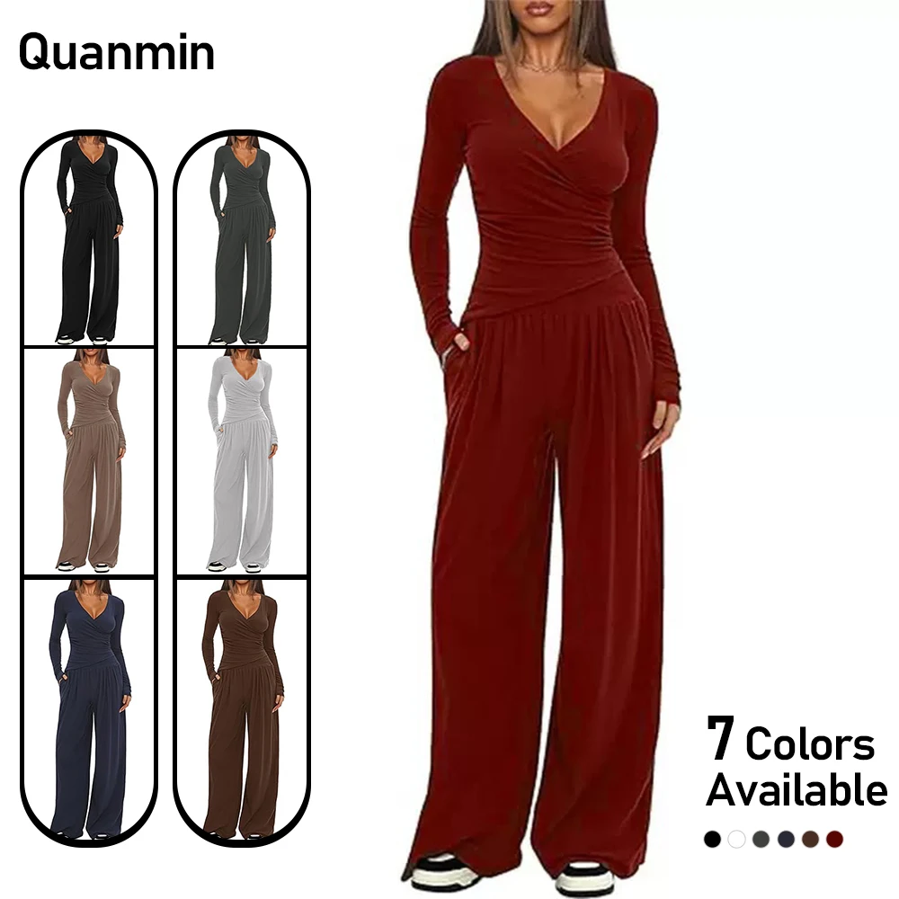 

Женские сексуальные комплекты с v-образным вырезом, тонкий топ и широкие брюки, однотонные комплекты для отдыха, модный удобный комплект, элегантная офисная одежда для работы