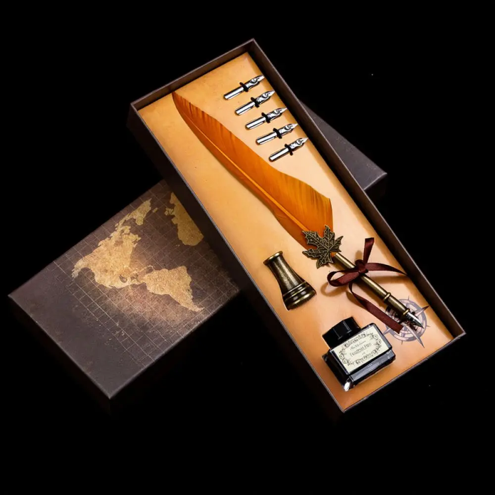 Retro Goose Feather Pen Writing Stationery Kit Metal Nib With Map Holder Classic Gift Box For Birthday Anniversary