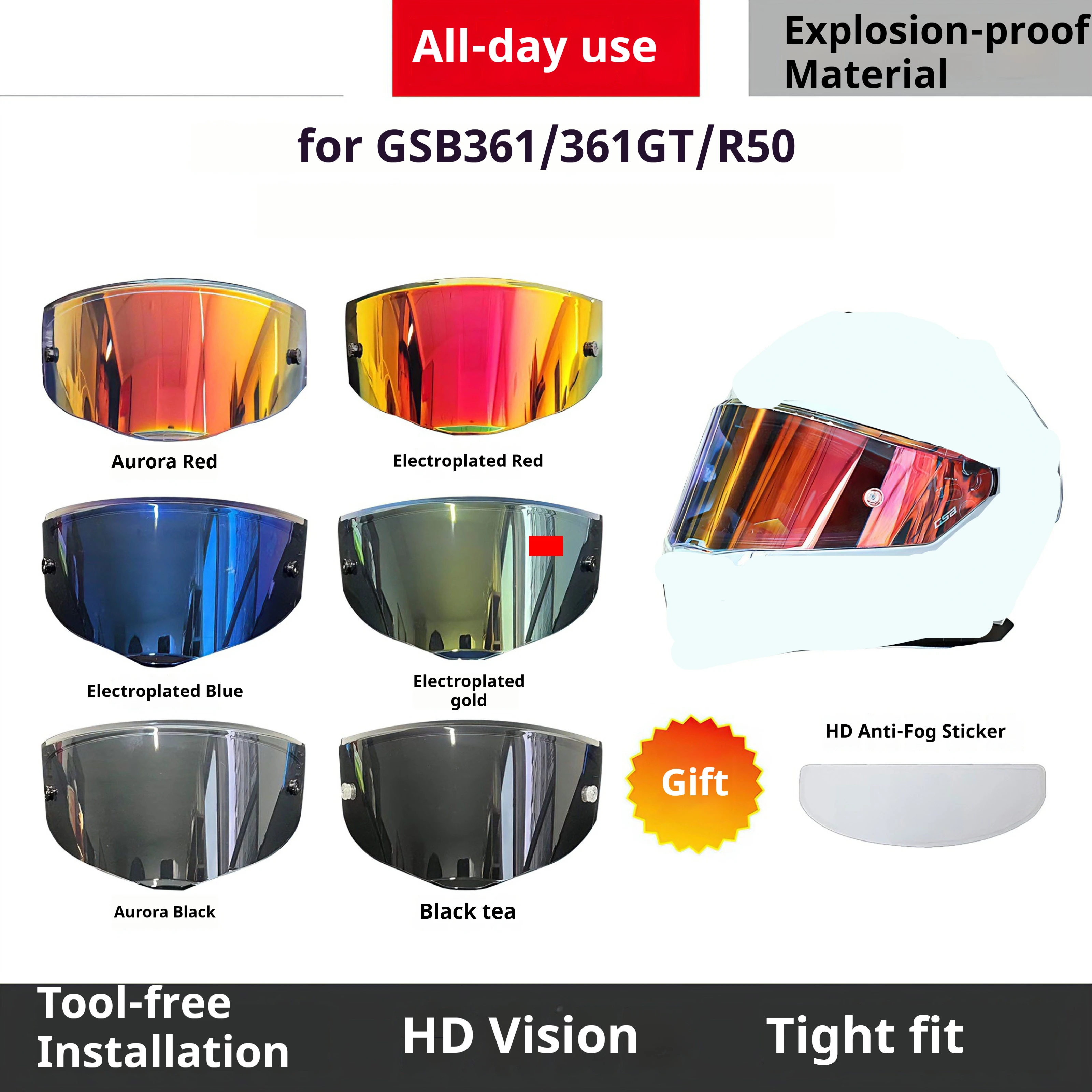 Motorcycle Helmet Visor Aurora Silver Electroplated Lens For GSB361 361GT  R50, Free Clips Anti-Fog Sticker & Visor Spring