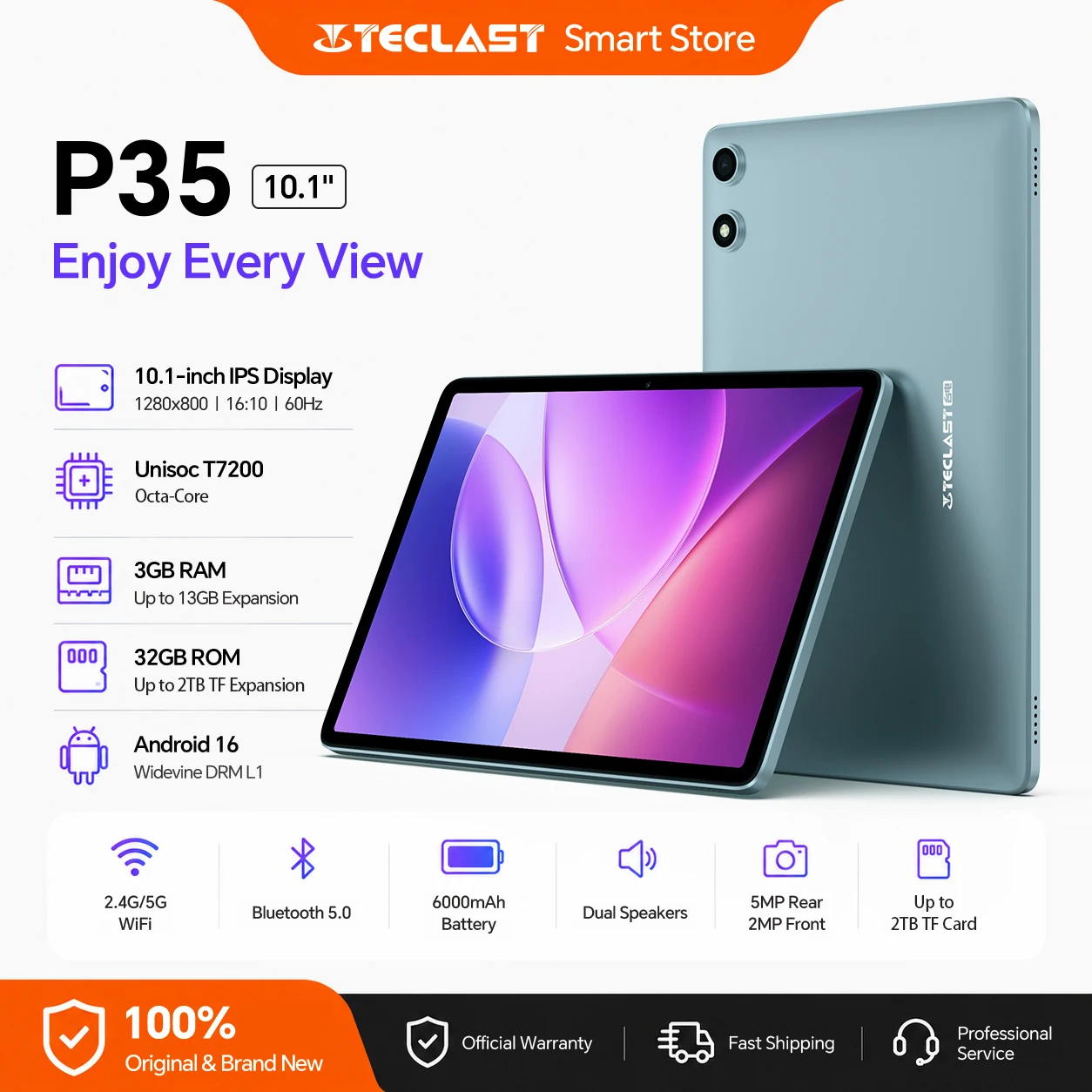Teclast P35 Android 16 Tablet Gemini AI Unisoc T7200 Octa-Core 10.1