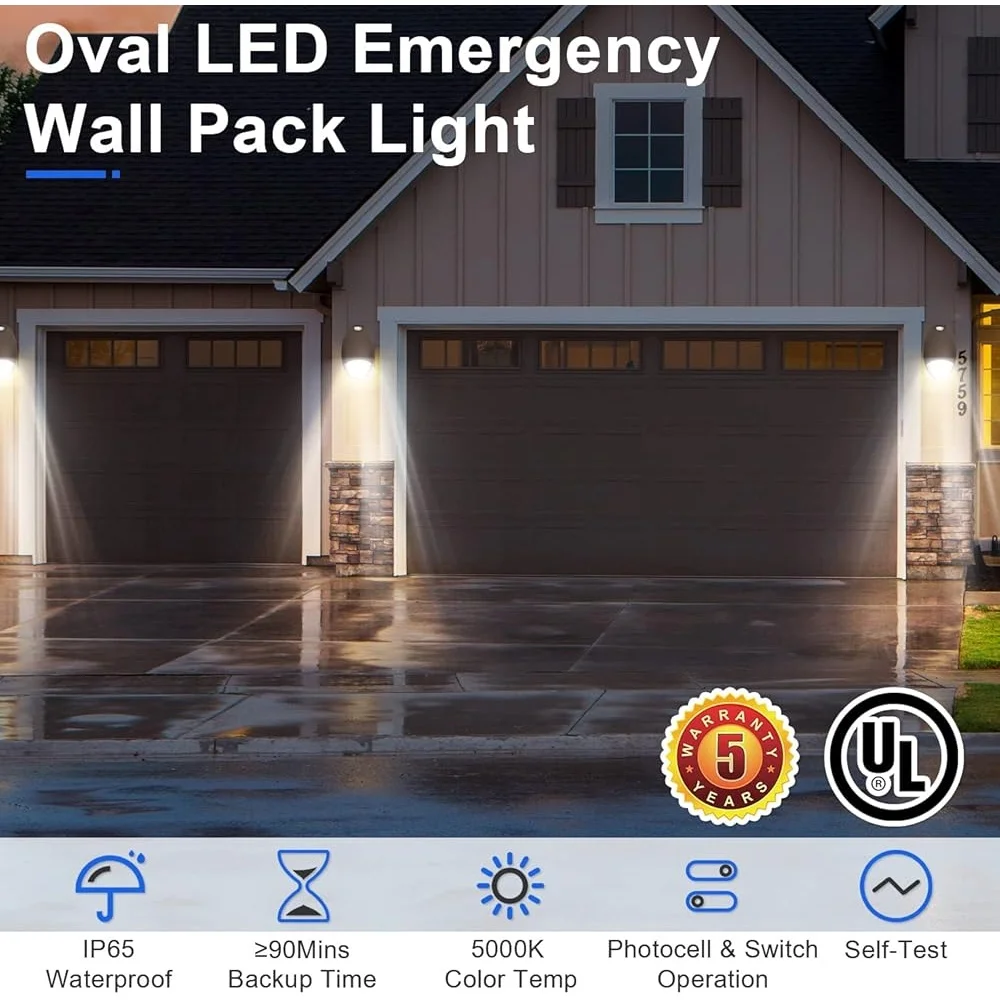 Emergency Light Battery Backup Photocell Sensor 12W Waterproof Wall Fixture Self-Test Diagnostics Indoor Outdoor Use