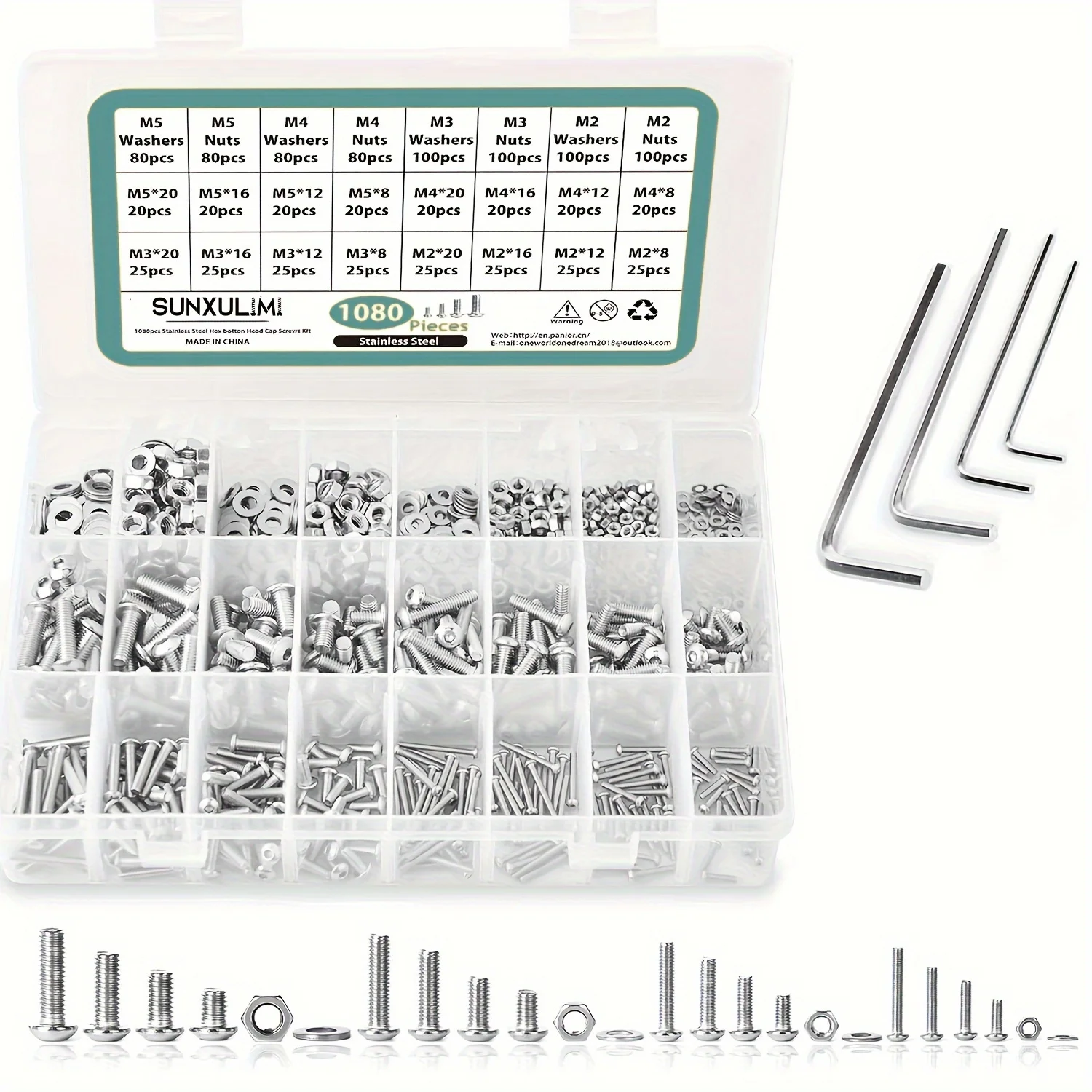 Vis à Tête Hexagonale M3 et M2 en Acier Inoxydable, Boulons, Rondelles, Clé Allen, 1080 Pièces