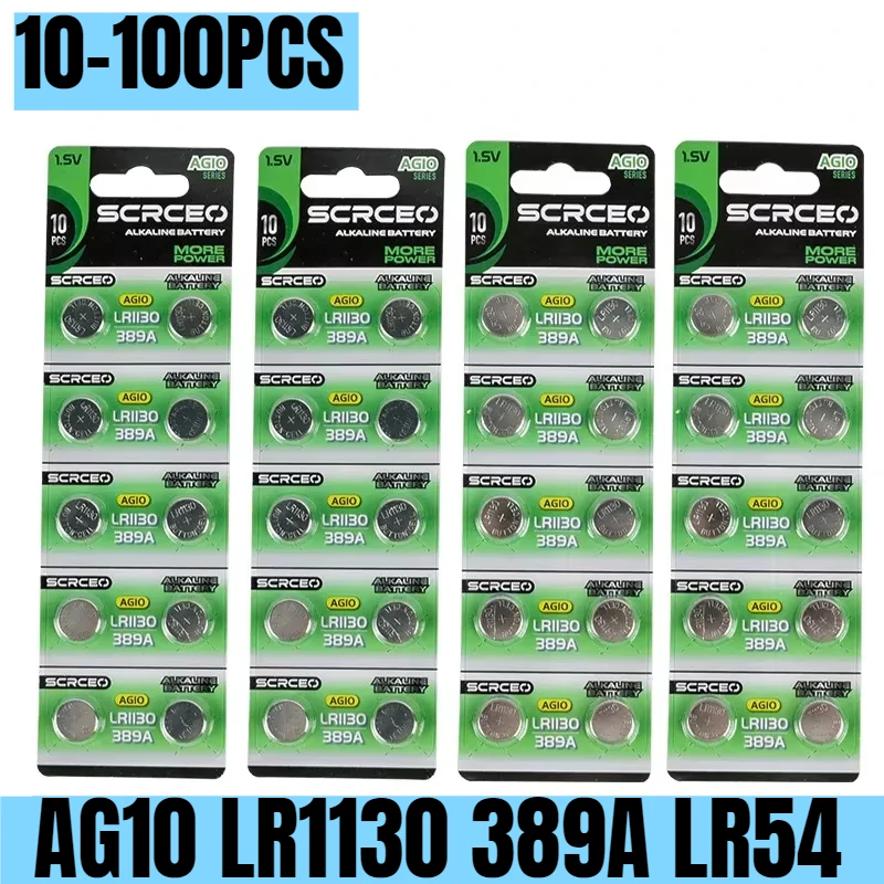 10-100PCS AG10 LR54 1.55V 78mAh Cell Coin SR54 389 G10189 LR1130 SR1130 V10GA Alkaline Button Batteries for Watch Toys Remote