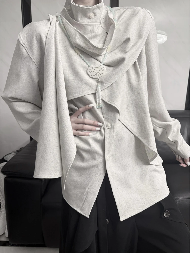 

Ретро-шарф из шелка для мужчин и женщин, асимметричный дизайн с воротником-стойкой, нейтральный стиль, длинный, из полиэфирного волокна, для ношения в любое время года