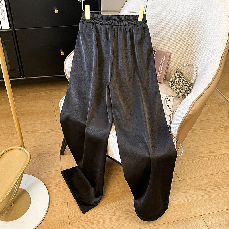 New Chinese Style Autumn Winter Wide Leg Pants Women's Satin Fleece Lined High Waist Straight Cut Trousers Commute Fashion