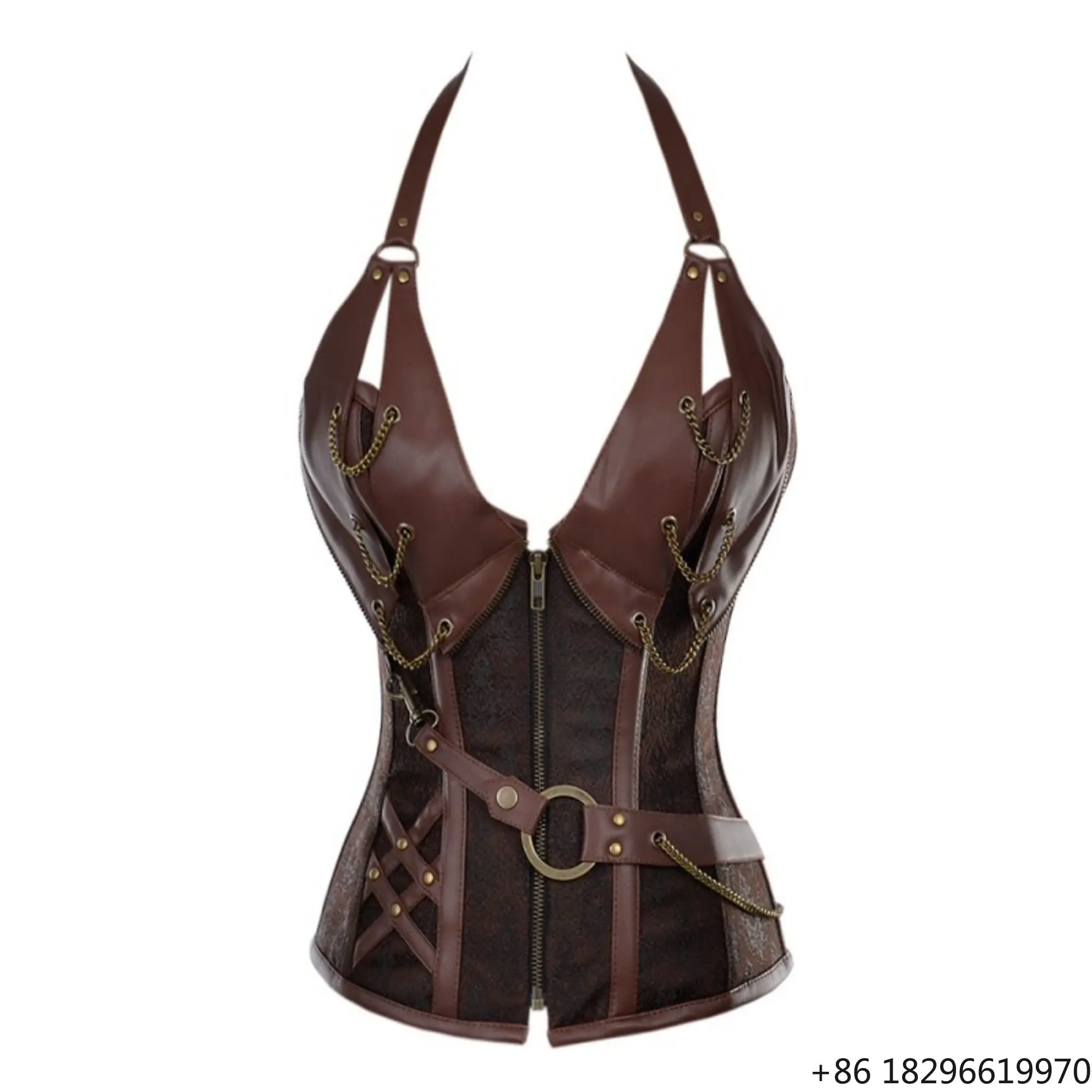 Top Waist Trimming Leather Brown Steampunk Corset for Women