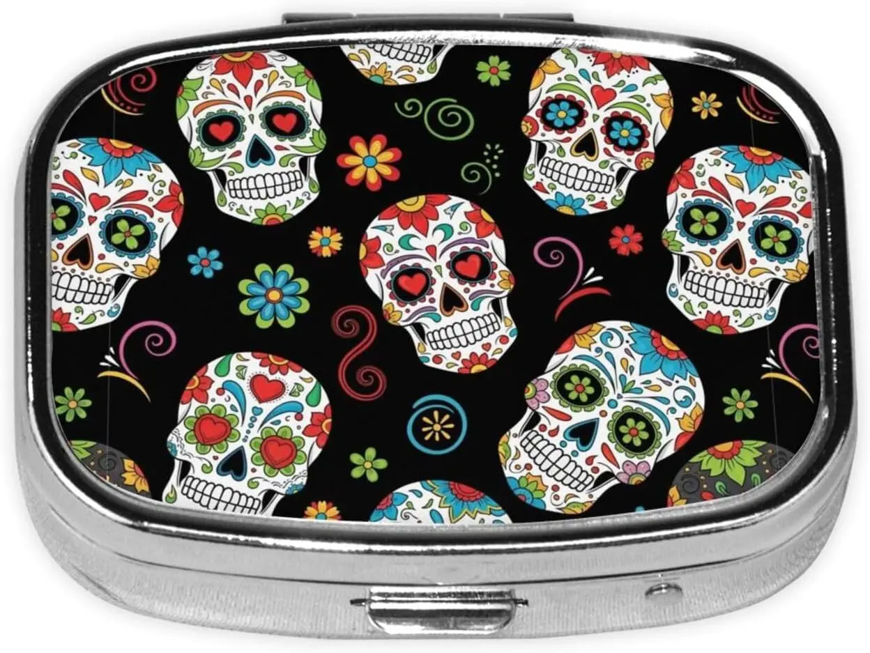 Weekly pill box, mini storage box, vacation medicine box, compact supplement system, travel kit, Day of the Dead sugar skull