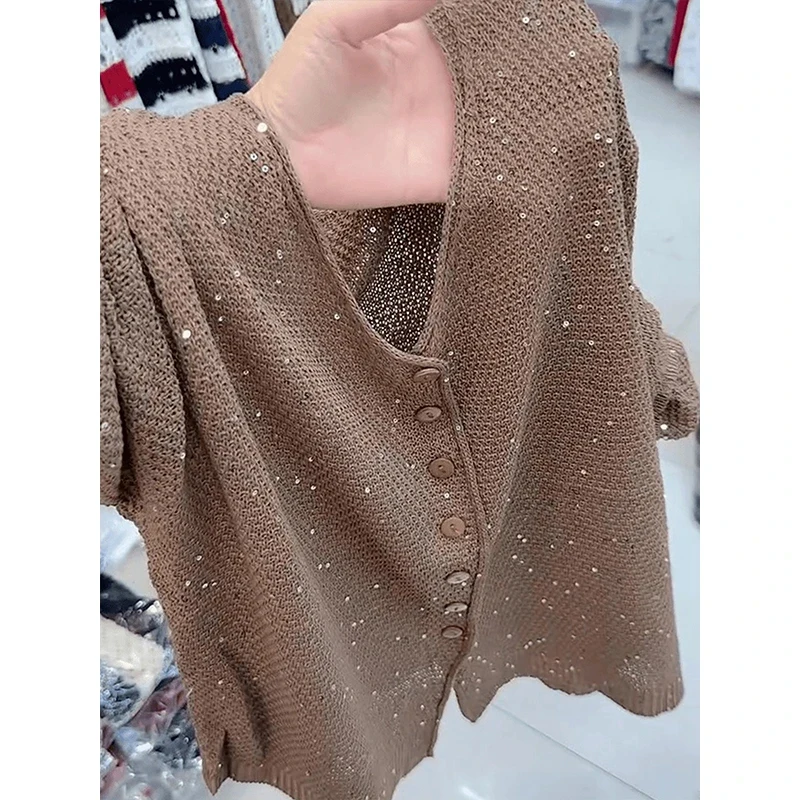 كارديجان نسائي أنيق وبسيط محبوك بياقة على شكل V وأكمام طويلة، فضفاض للخريف، متعدد الاستخدامات بأزرار أمامية للارتداء اليومي