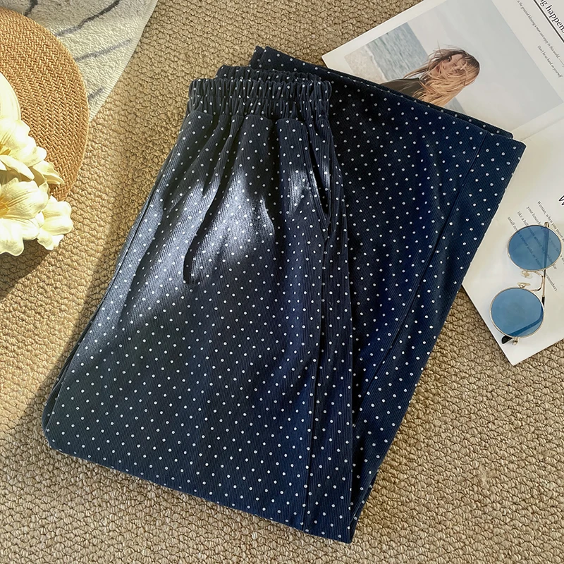 Pantalon décontracté en velours côtelé bleu à pois, taille haute, jambes longues et droites, coupe ample, fin, nouvelle collection printemps automne