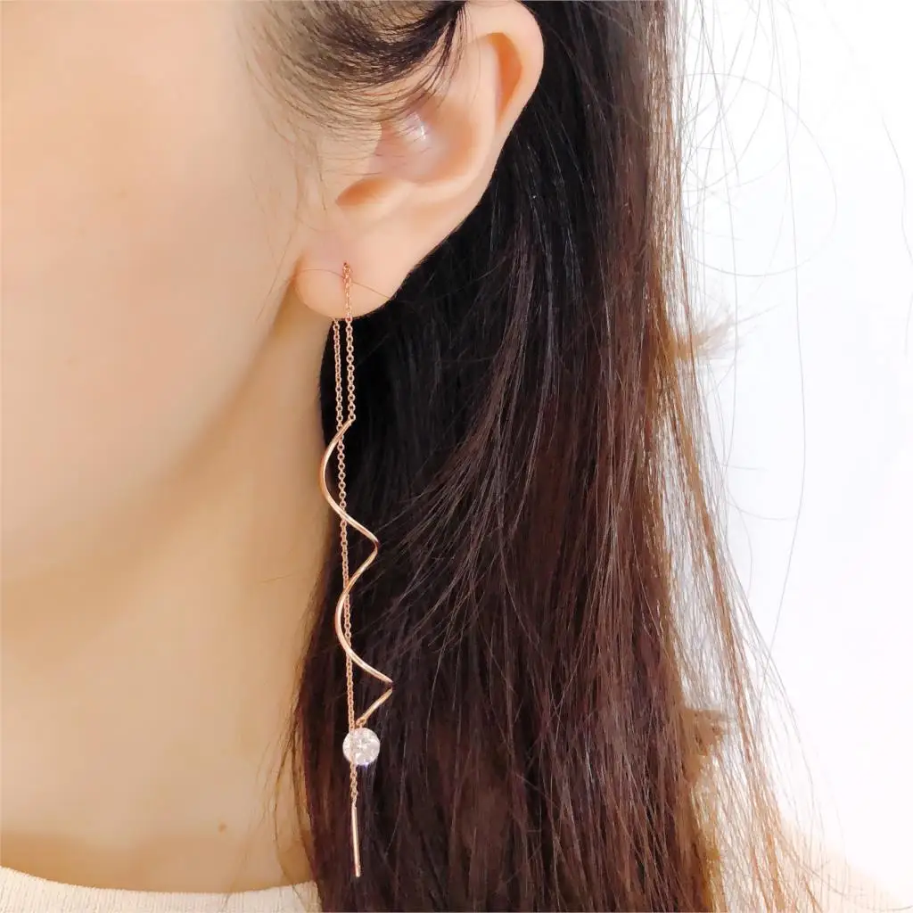 Simple Spiral Ear Line Earrings For Women AAA+ Cubic Zirconia Rose Gold Color Fashion Earings Jewelry Xmas Gift KC170