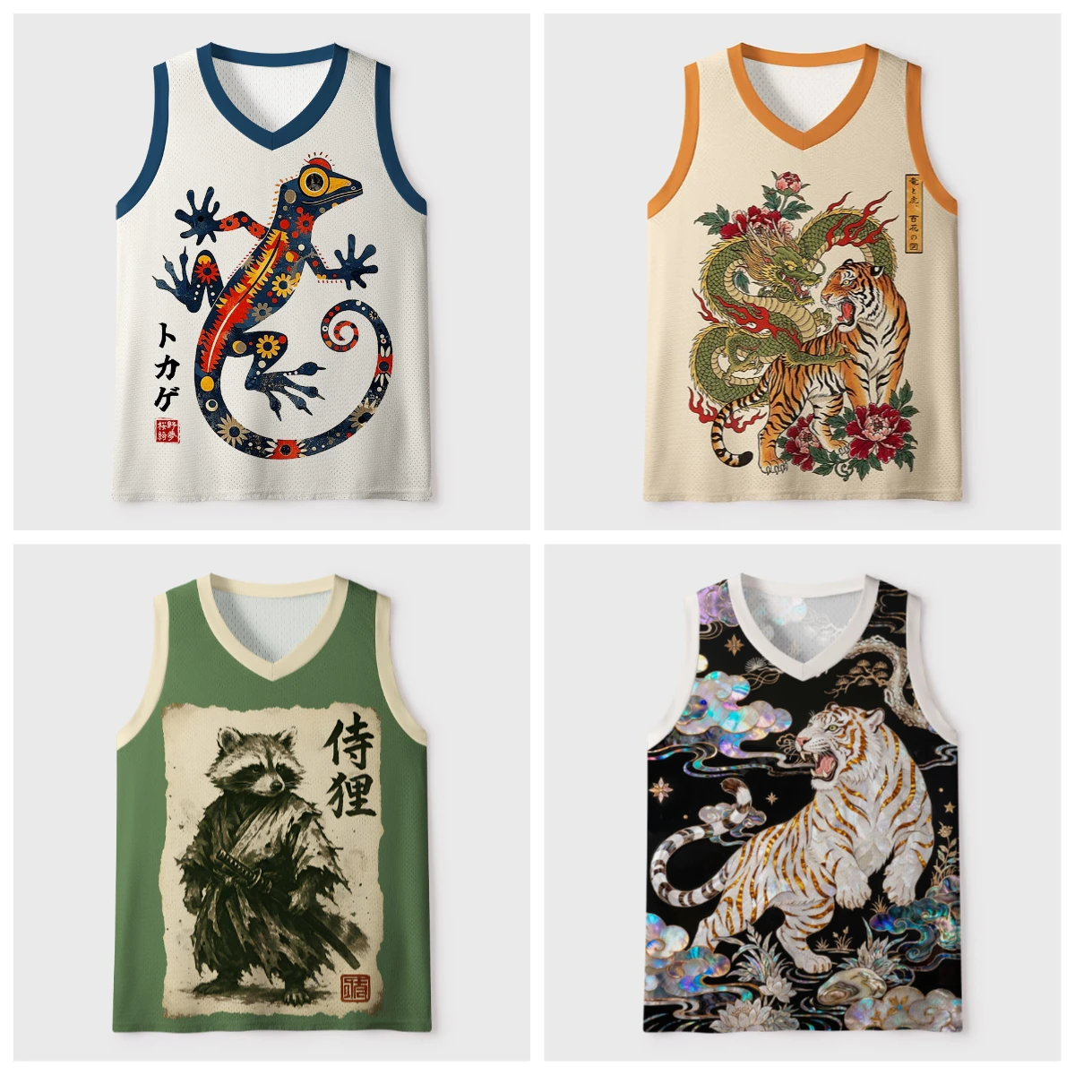 2026 new V-neck mesh basketball sports vest, Japanese ukiyo-e animal print sleeveless fitness muscle breathable sports jersey