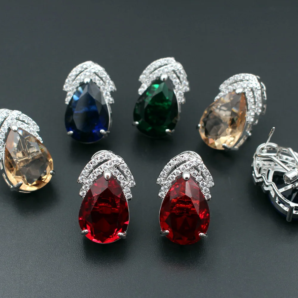 6pair Colors Red Green Blue CZ Zirconia Teardrop Earrings Post Silver Plated Copper Studs For DIY Women Handmade Drops Earrings