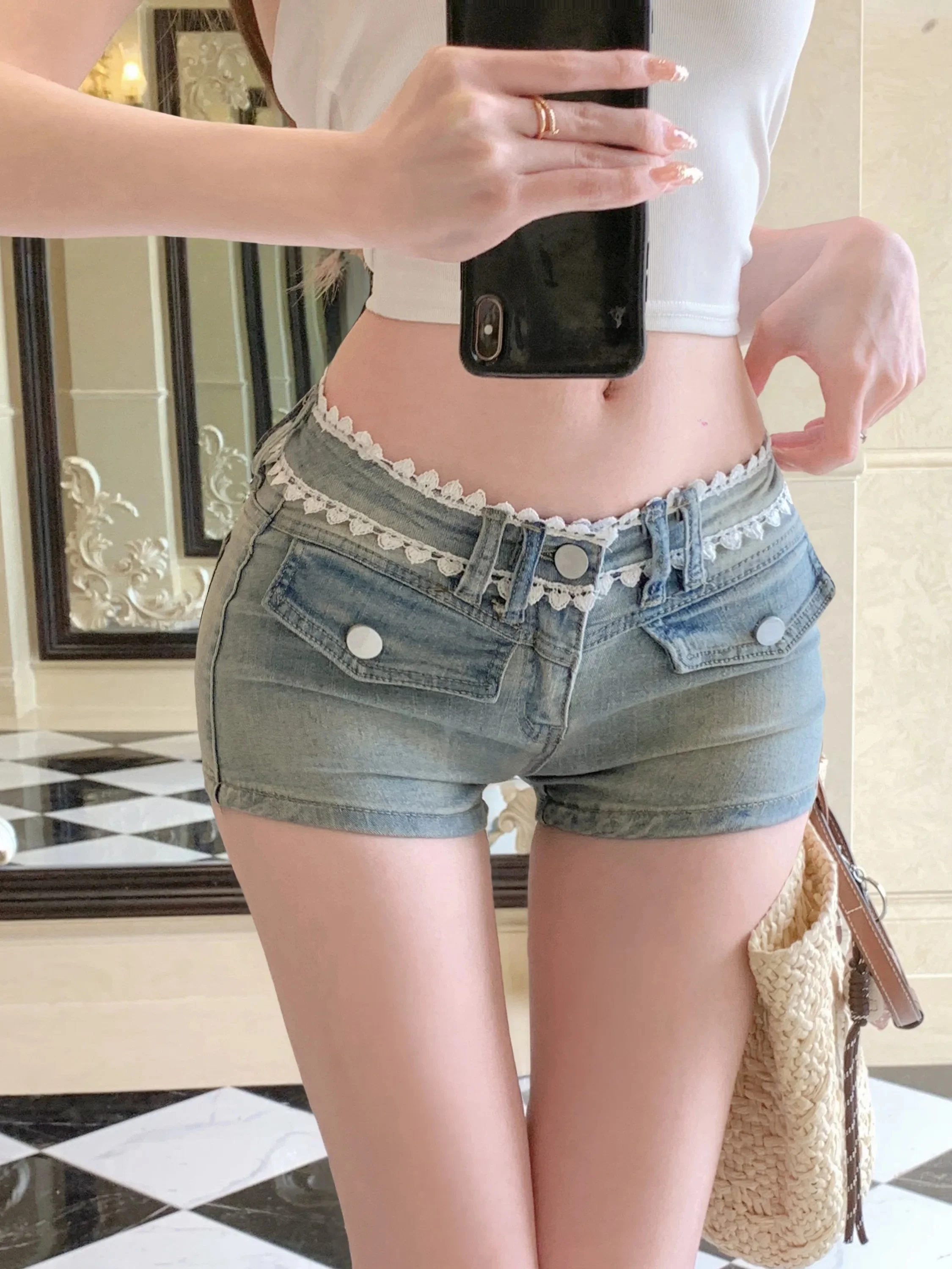 Retro Lace Splice Butt Enhancing Low Waist Crop Top Sexy Short Jeans High Waist Straight Leg Denim Shorts for Young Women