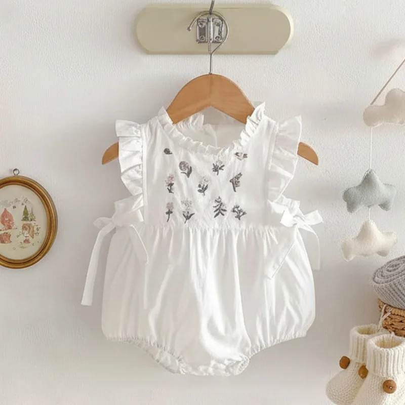2026 Summer New Hot Selling Girls' Cotton Floral Embroidery One-piece Sleeveless Crawling Clothes