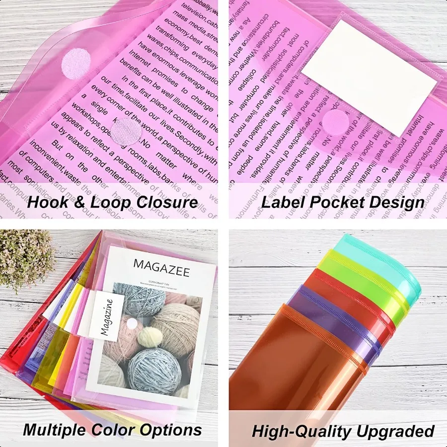 45개 플라스틱 폴리 봉투, 투명 문서 파일 폴더, 후크앤루프 잠금, A4 사이즈, 라벨 포켓 포함 (학교용)