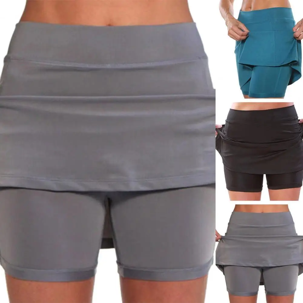 Women's Shorts Skirt Solid Color Pocket A-Line Double Layers Yoga Pants Shorts Fitness Fake Two Piece Shorts Skirt платье женско